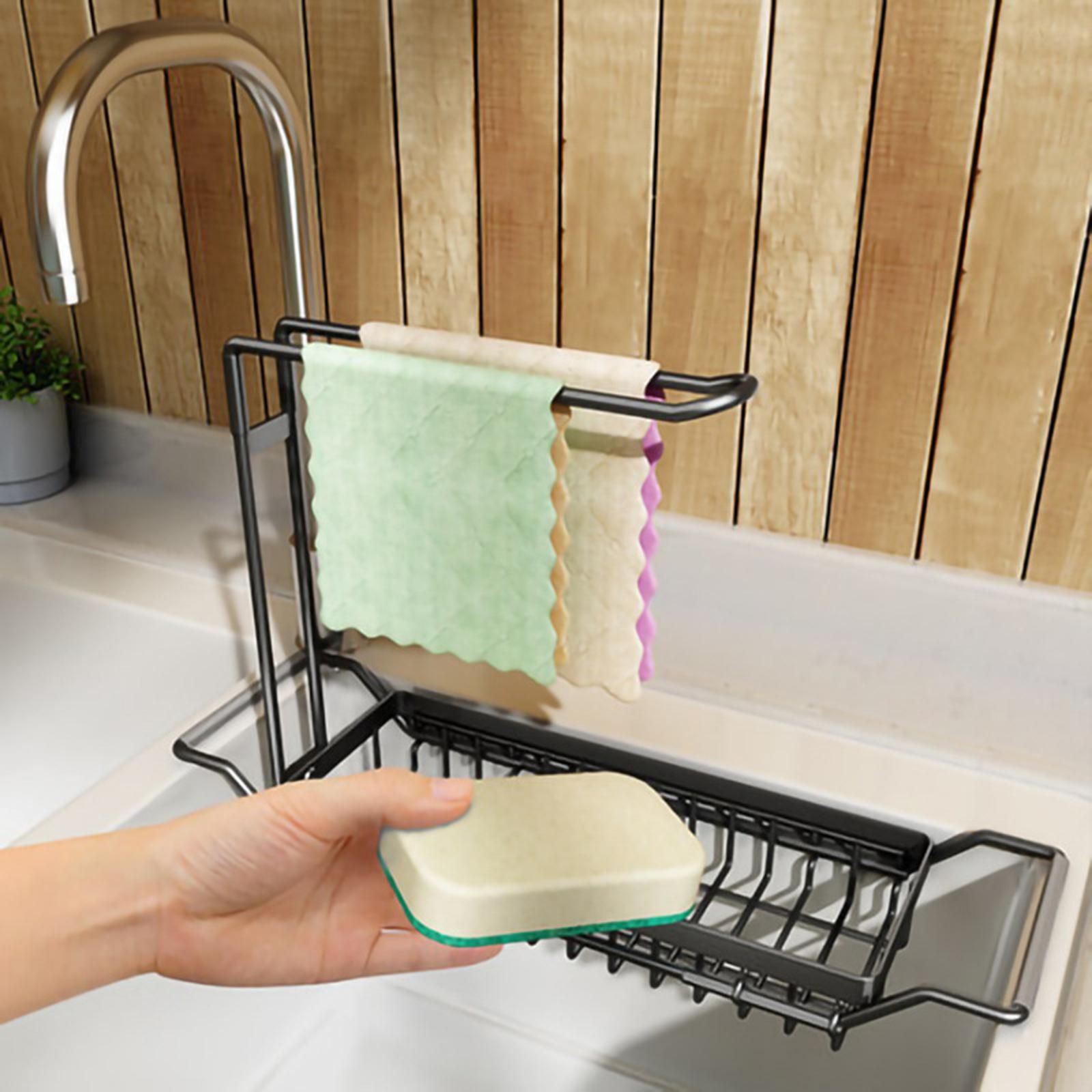 Over the Sink Storage Rack Organzier Adjustable Sponge Holder Drain Basket with Dish Towel Hanger