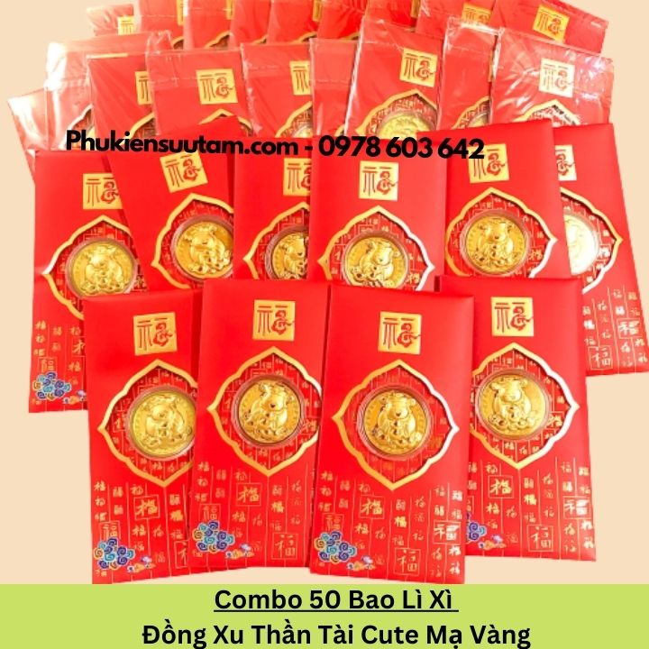 Combo 50 Bao Lì Xì Đồng Xu Thần Tài Cute Mạ Vàng, kích thước: 17cmx9cm, màu đỏ - SP005986