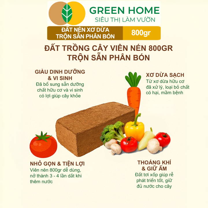 Đất Trồng Cây GreenHome, Viên Nén 800gr, Trộn Sẵn Phân Bón, Nở Gấp 5 Lần, Trồng Rau Hoa Cây Kiểng