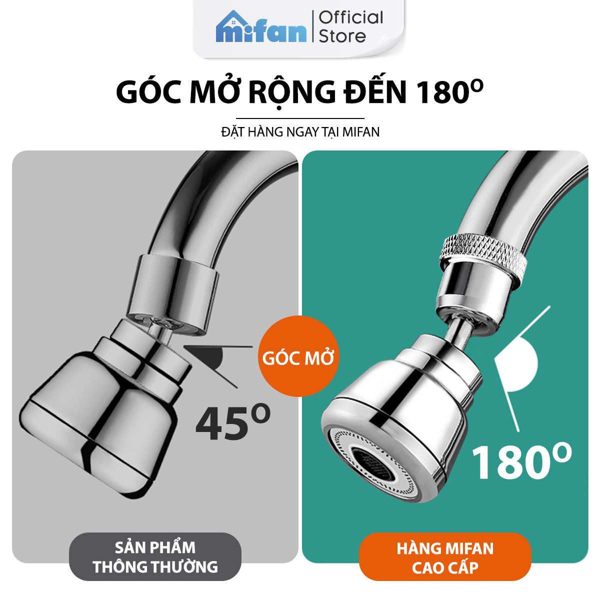 Đầu nối vòi rửa bát tăng áp đồng thau inox 304 cao cấp Mifan - Xoay 360 độ, 3 chế độ nước cực mạnh, sục khí chống bắn toé - Bồn rửa chén nhà bếp