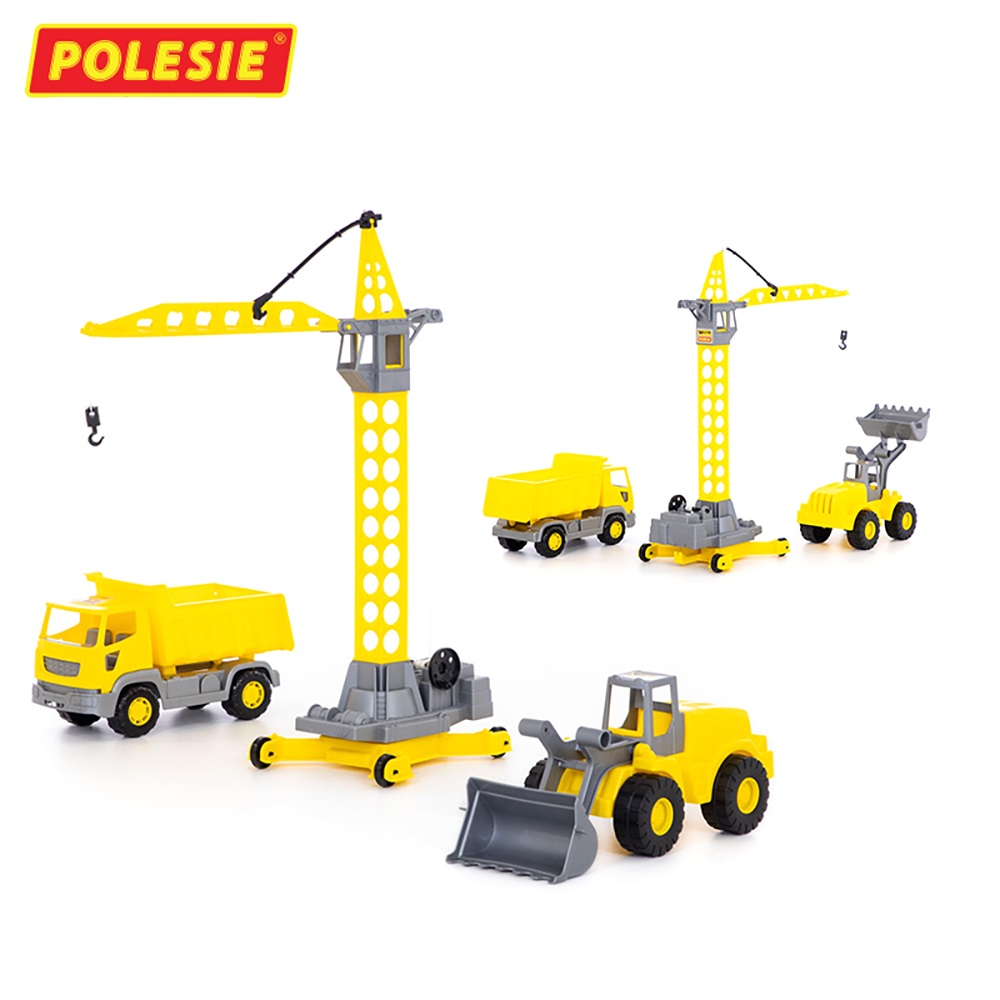 Bộ 3 Xe Công Trình Xây Dựng Và Cần Cẩu Tháp, Đồ Chơi Giáo Dục Châu Âu, An Toàn Cho Bé - Polesie Toys 57150