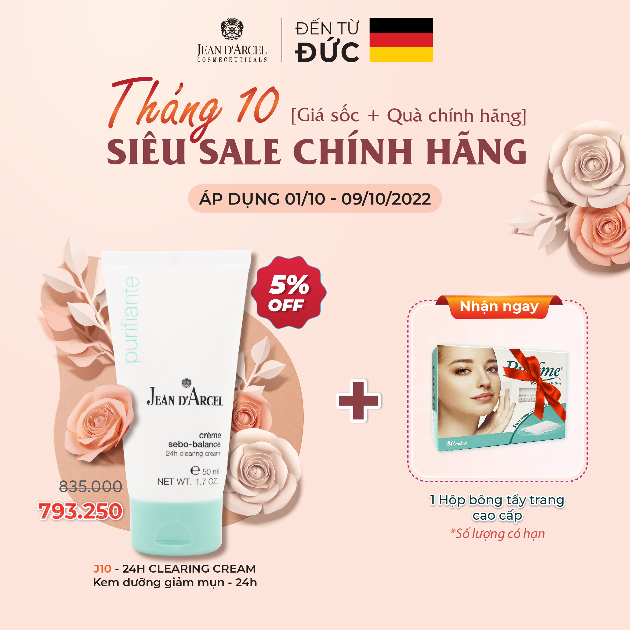 J10 Kem dưỡng giúp giảm mụn Purifiante - 24h Clearing Cream 50ml - Jean d'Arcel