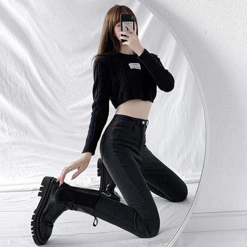 Quần jeans lưng cao HDSHOP Quần jeans nữ, dáng ôm co dãn màu đen