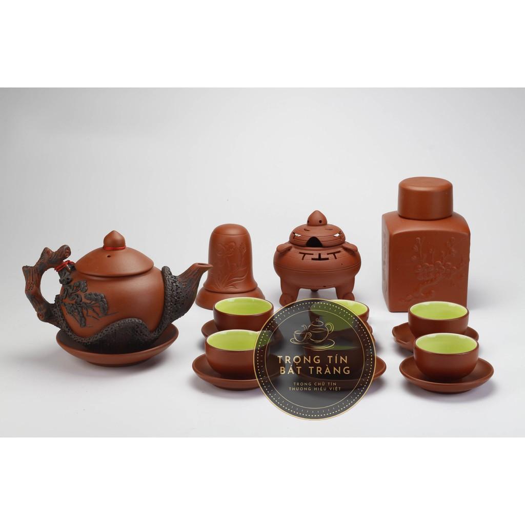 Bộ Ấm Chén Trà Đạo Gốm Tử Sa Bát Tràng Đắp Nổi Hoa Tùng Dáng Thủy Bình Dung Tích 400ml ATSML 04.3