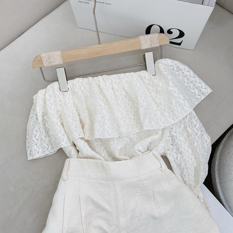 SET ÁO TRẮNG LỆCH VAI REN + SHORT