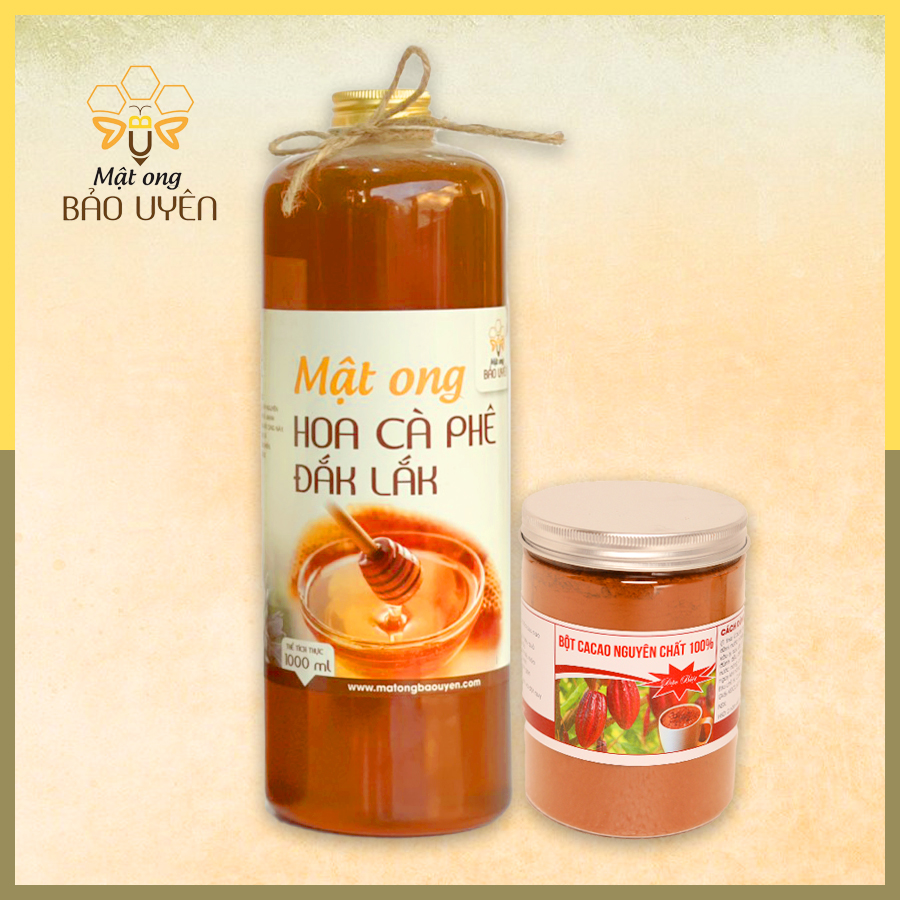 COMBO Mật Ong Nguyên Chất Hoa Cà Phê Bảo Uyên 1 Lít và Bột Ca Cao Dak Lak 350g Giàu Chất Dinh Dưỡng