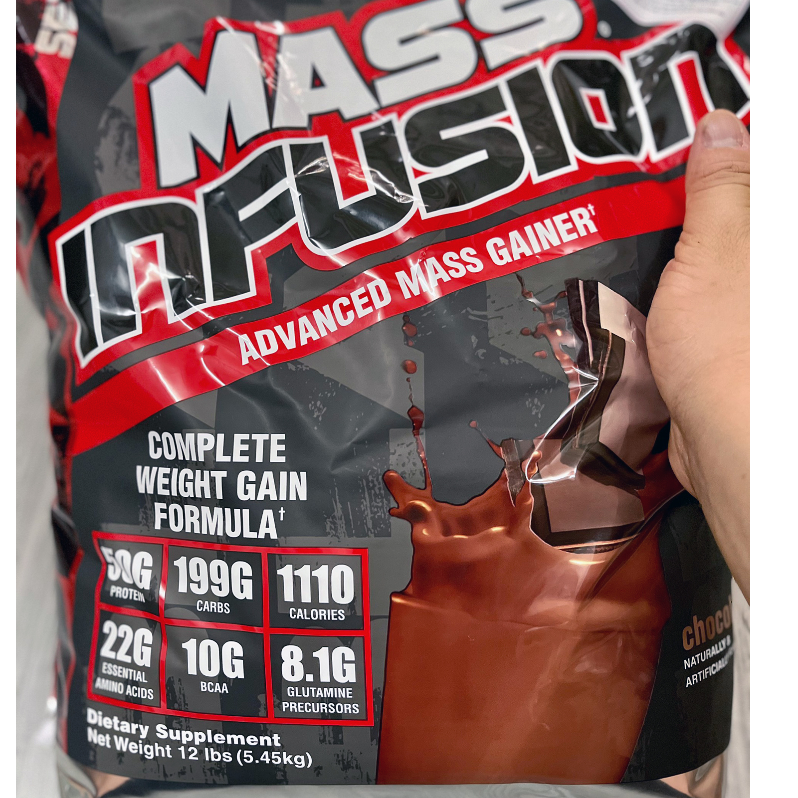 Combo Sữa tăng cân tăng cơ Mass Infusion của Nutrex hương Chocolate bịch lớn 5.45 kg hỗ trợ tăng cân, tăng cơ cho người gầy kén ăn, khó hấp thụ thức ăn tự nhiên &amp; Áo Gym Đen size S (47kg-57kg)