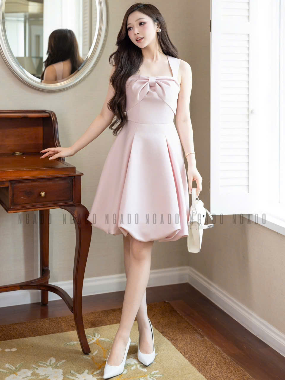 Đầm hồng cổ phối nơ NGADO , đầm ngắn , đầm dự tiệc , dạo phố