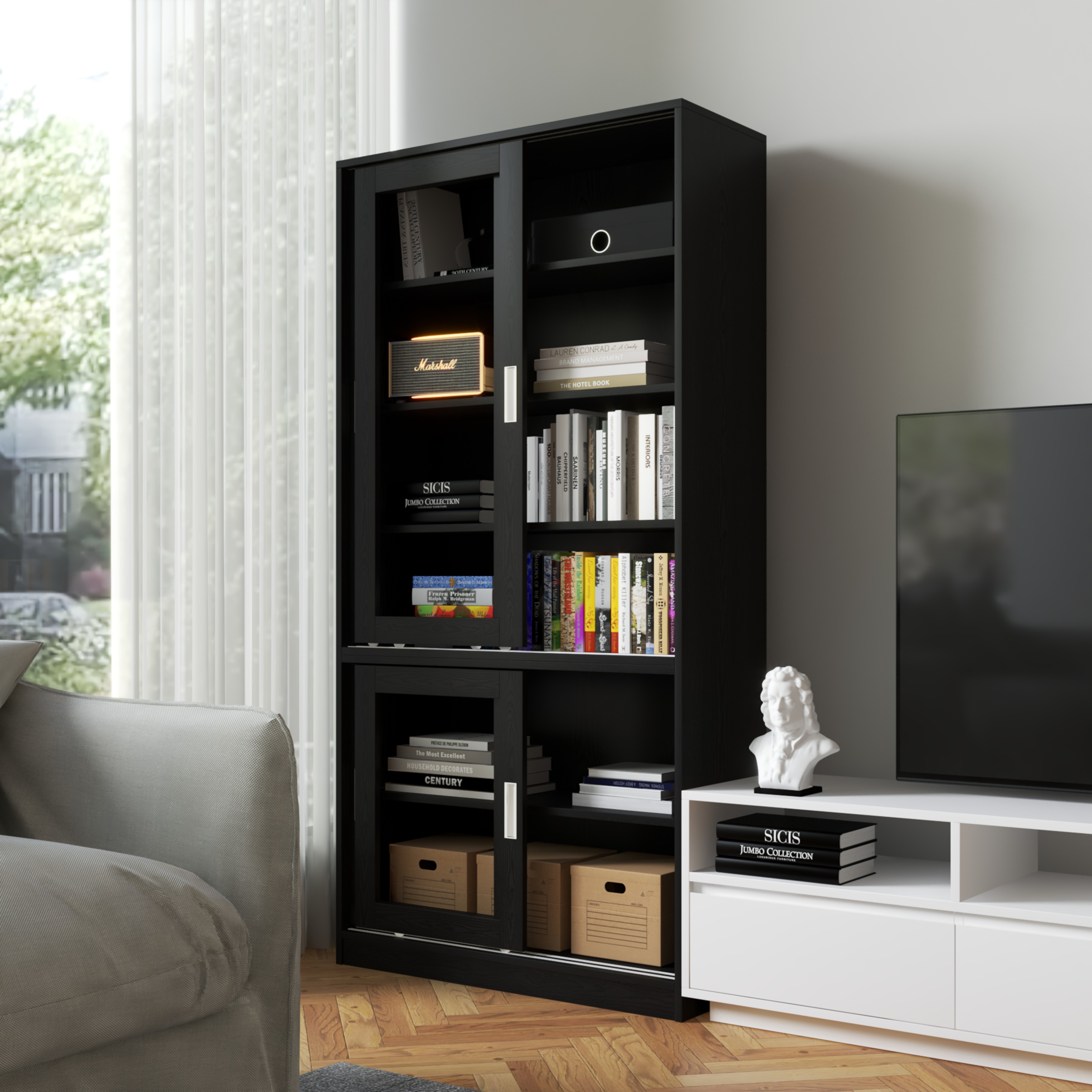 [Happy Home Furniture] LUCA, Tủ sách 4 cánh lùa, 90cm x 35cm x 180cm ( DxRxC), TCL_012