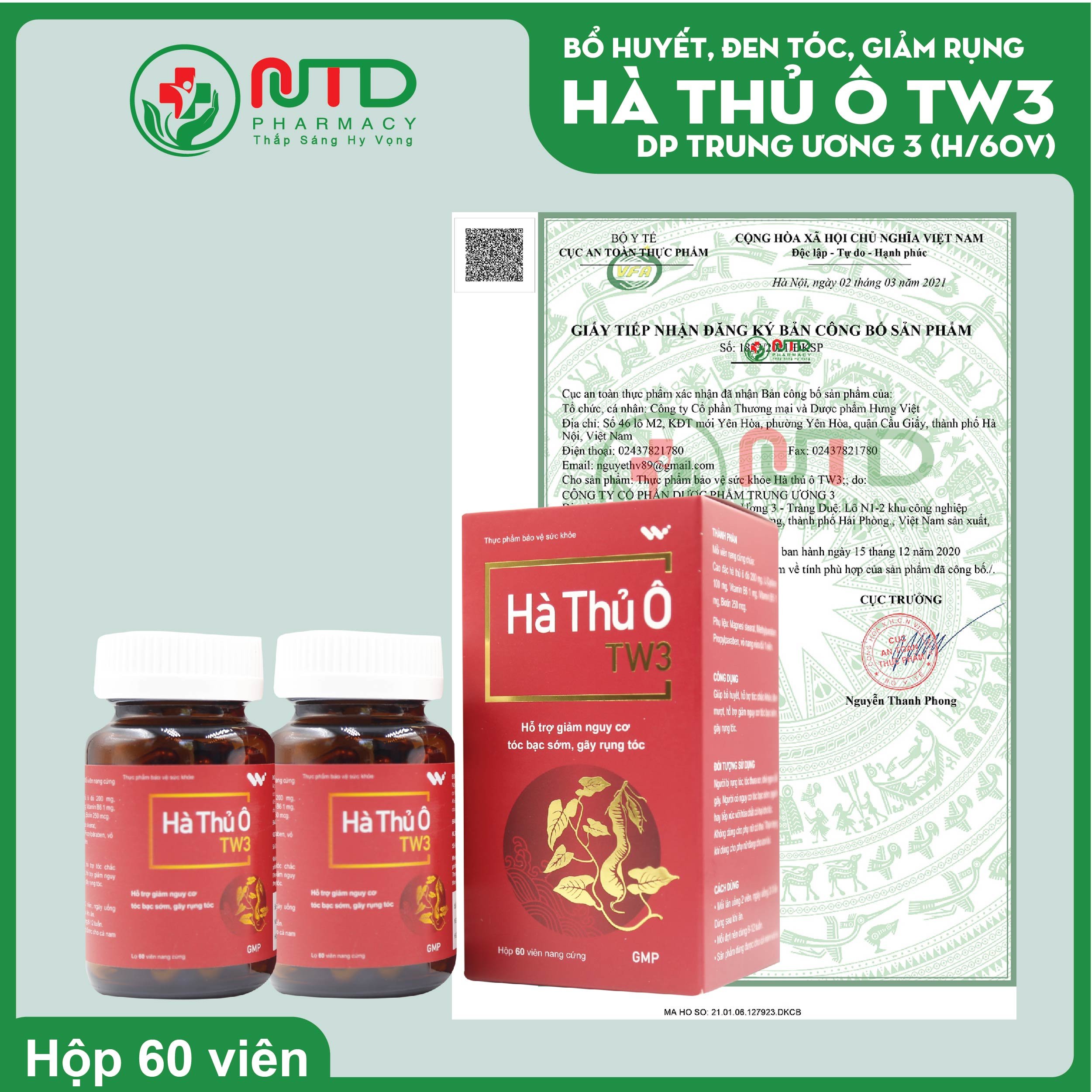 Thực phẩm bảo vệ sức khỏe: HÀ THỦ Ô TW3 LỌ 60 VIÊN - Ngăn ngừa bạc tóc, kích thích mọc tóc, giảm rụng tóc và chăm sóc sức khỏe tóc