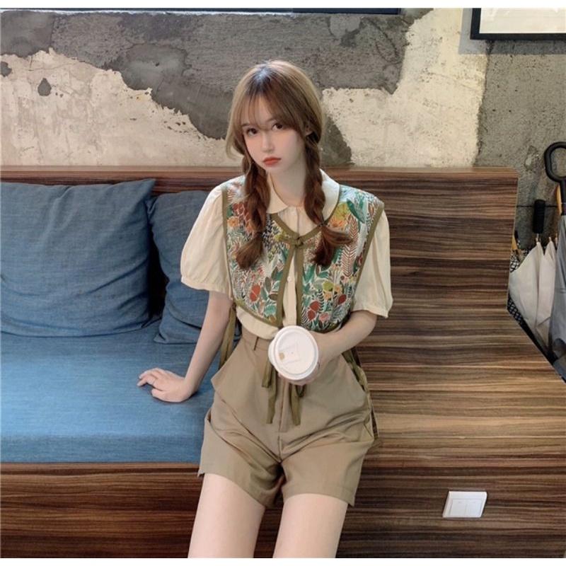 Áo gile croptop nữ khoác ngoài hè thu buộc dây hoạ tiết hoa lá thổ cẩm (có sẵn)
