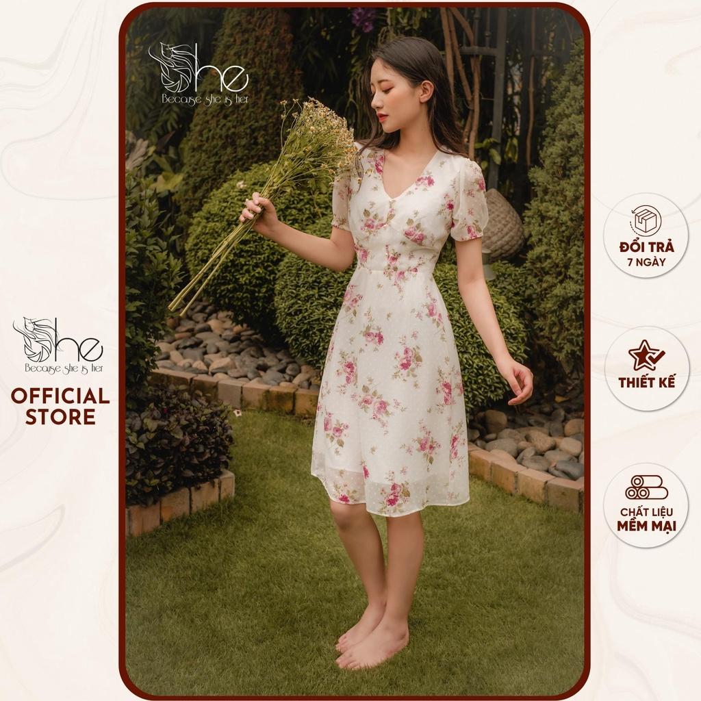 Váy nữ hoa voan đẹp She, đầm váy cổ tim 3 nút dáng A thời trang nữ SDX116