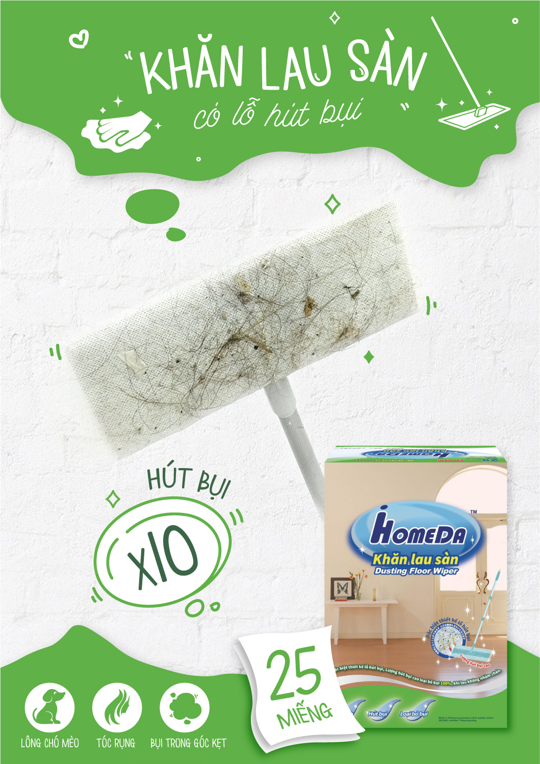 Combo 4 Tặng 1 Hộp Khăn lau sàn hút bụi tĩnh điện Ihomeda ( 25 khăn/ hộp) -  Combo 4 Free 1 iHomeda static dusting floor dry wipes ( 25 sheets/ box)