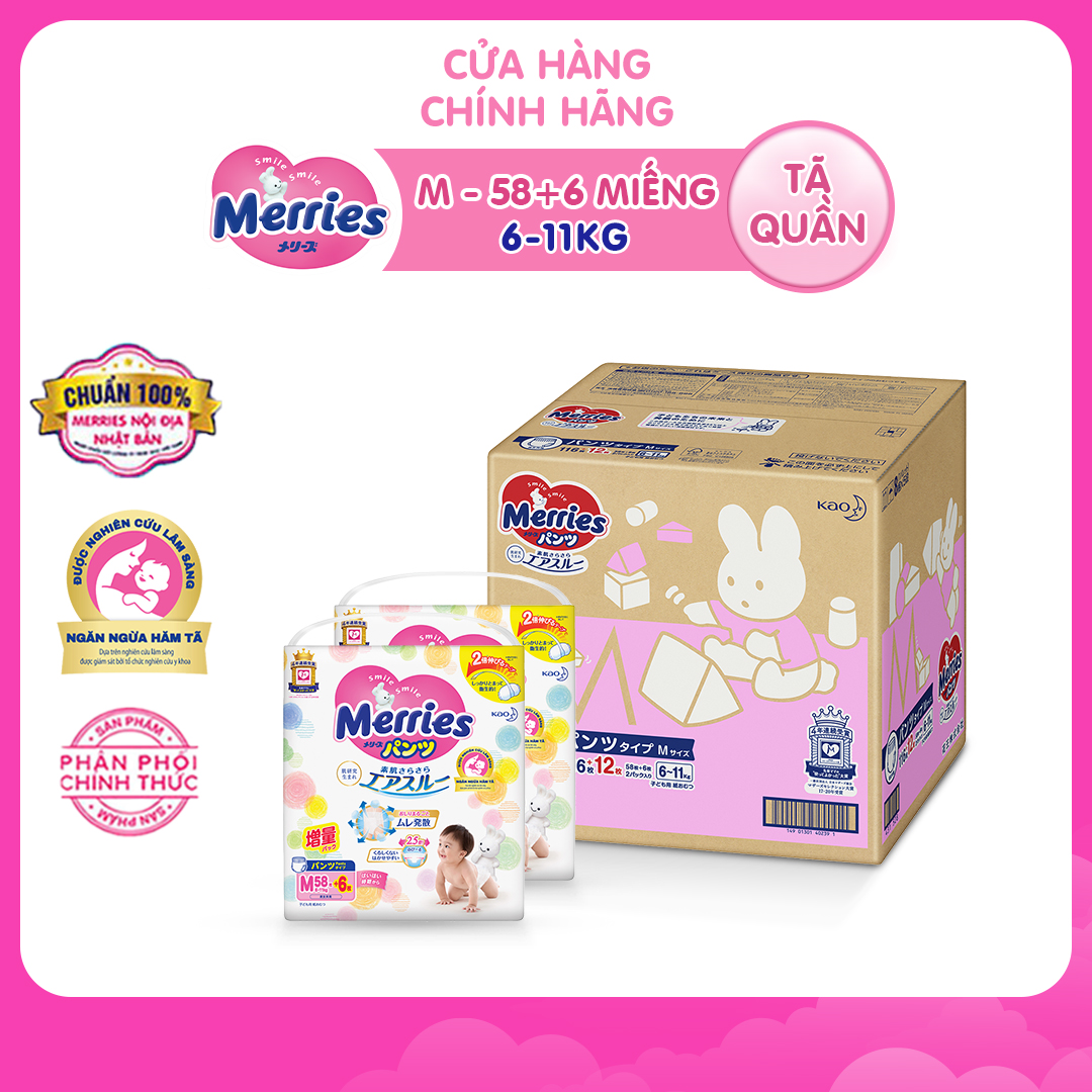 Thùng 2 Tã quần Merries đủ size M64/L50/XL44/XXL28