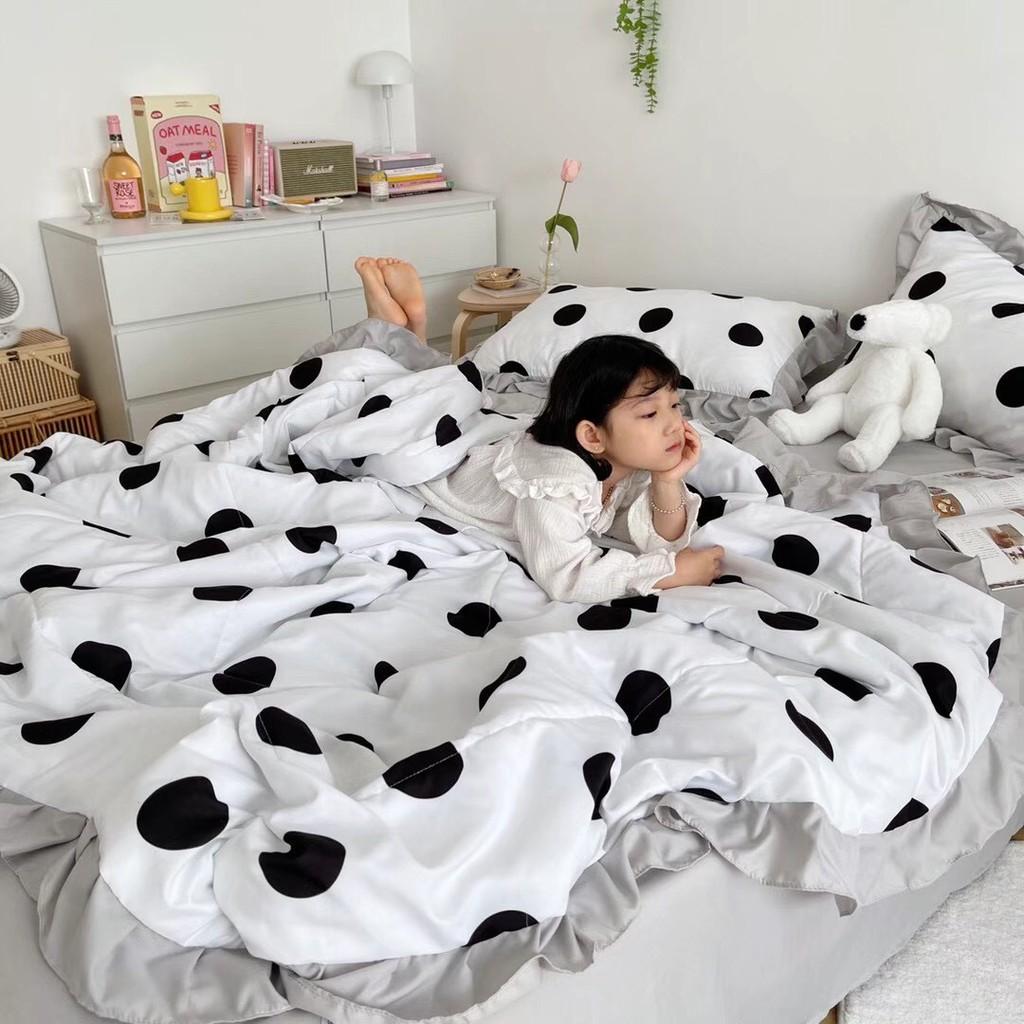 Bộ chăn ga gối Cotton đũi phối bèo M2T bedding chăn ga Hàn Quốc họa tiết chấm bi đen - chăn lót bông