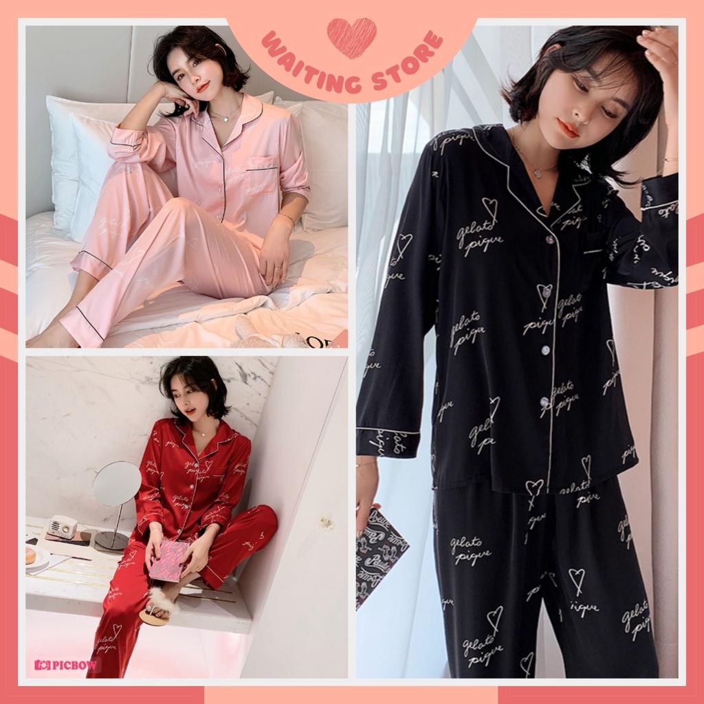 Pijama Nữ - Bộ Ngủ Dài Vải Lụa Cao Cấp Ba Màu Trơn In Họa Tiết Chữ DDLP07