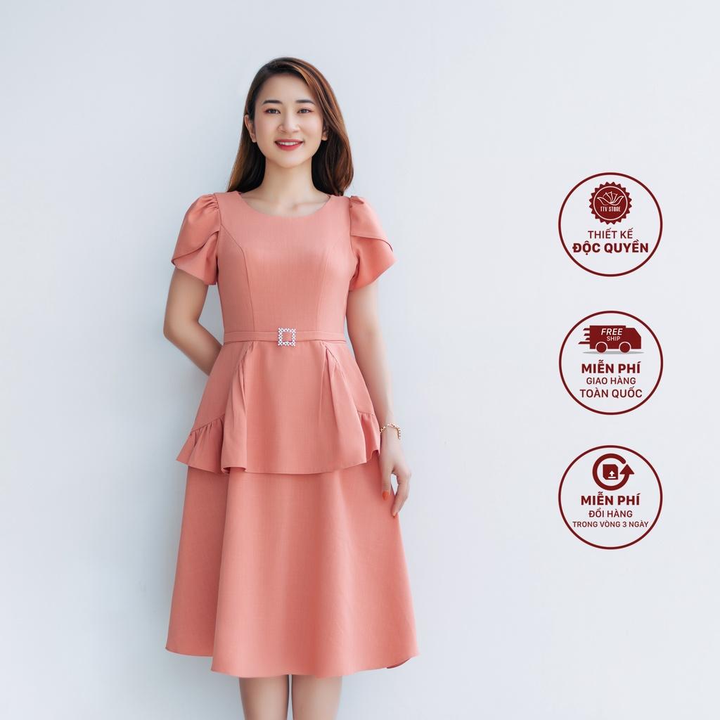 Đầm đi tiệc sang trọng form xoè cổ tròn tay ngắn peplum cam sữa TTV1047
