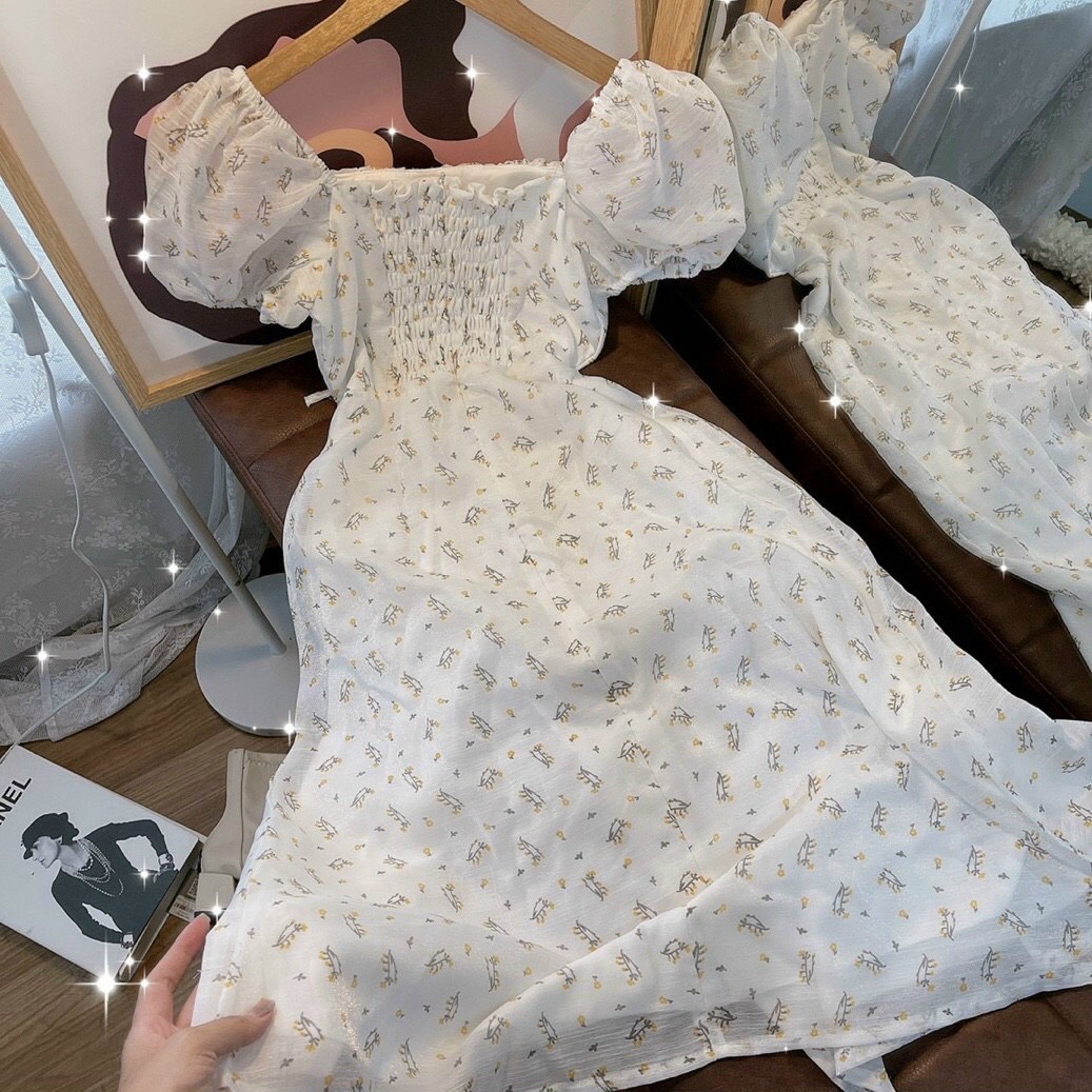 Đầm maxi hoa nhí cổ vuông nơ ngực