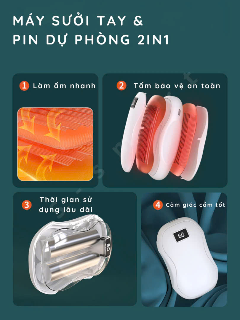 Máy Sưởi Ấm Mini Cầm Tay Kết Hợp Sạc Hiển Thị Đèn LED 3 Mức Nhiệt Và % Pin Văn Phòng Du Lịch Dã Ngoại Phượt - Hàng Nhập Khẩu