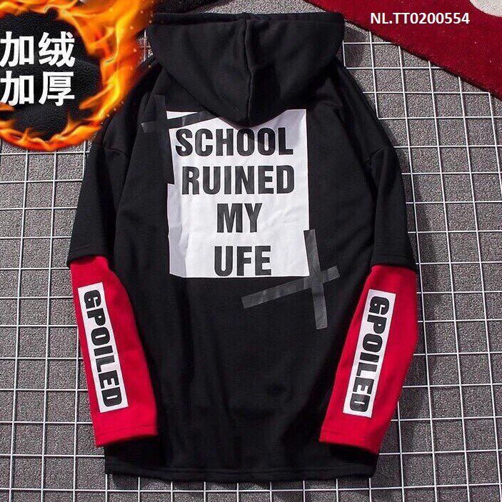 (40-58kg) Áo hoodie unisex nam/nữ phối tay áo chất thun da cá in chữ SCHOOL RUINED MY LIFE. Ảnh thật trải sàn