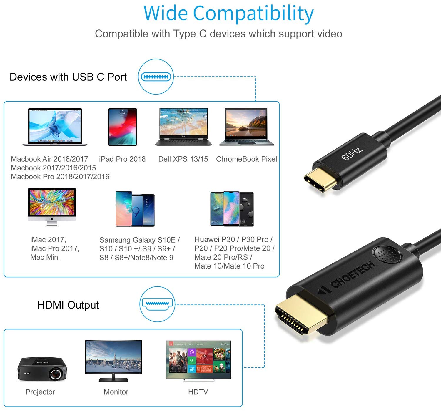 Đen - Dây cáp chuyển đổi cổng PD Type-C ra cổng HDMI chuẩn 4K dài 180cm hiệu CHOETECH CH009 cho điện thoại Macbook (Tốc độ ổn định 10Gbps@60Hz, Video chất lượng độ phân giải cao 4K) - Hàng chính hãng