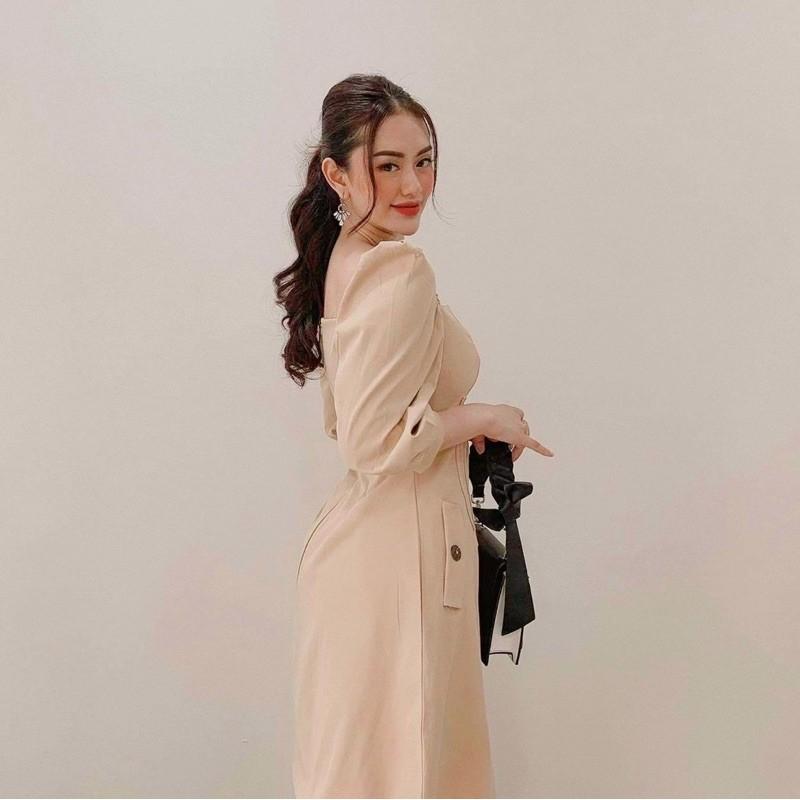 Đầm váy cổ vuông nút dừa tay lỡ 2 màu