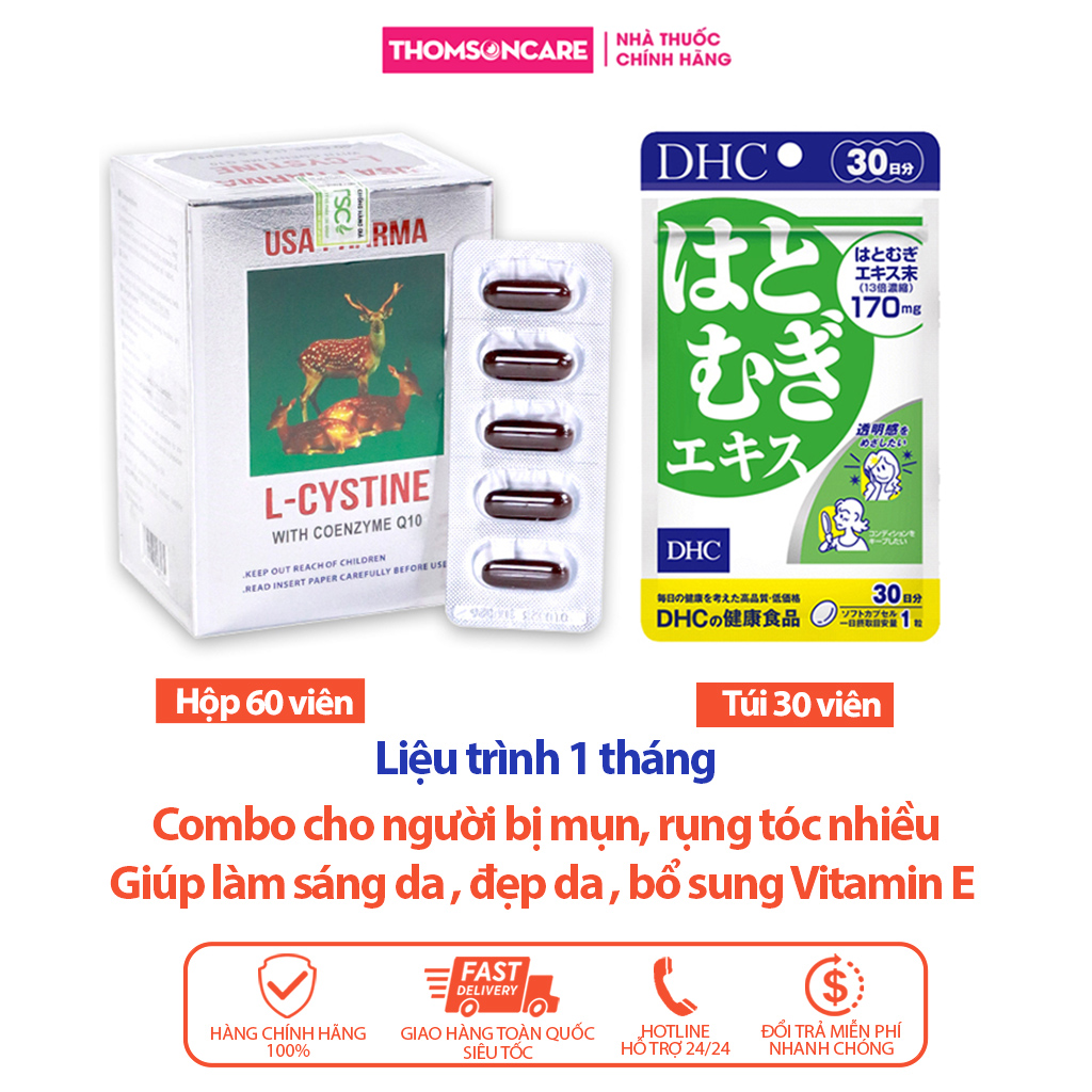Combo viên uống sáng da tóc chắc khỏe LCystine 60v và DHC Adlay 30v duy trì làn da mềm mại , bổ sung dưỡng chất da và tóc , hạn chế lão hóa da chiết suất từ hạt y dĩ và l cystine- Thomsoncare
