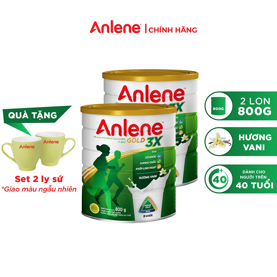 Combo 2 Sữa Bột Anlene Gold 3X Hương Vanilla (Hộp Thiếc 800g) tặng set 2 ly sứ màu ngẫu nhiên