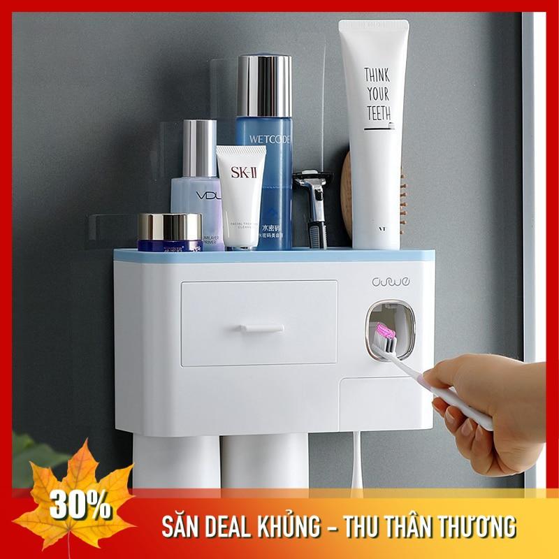 Kệ Nhà Tắm Thông Minh I Kèm cốc hút từ tính + Bộ nhả kem đánh răng tự động I Dán tường