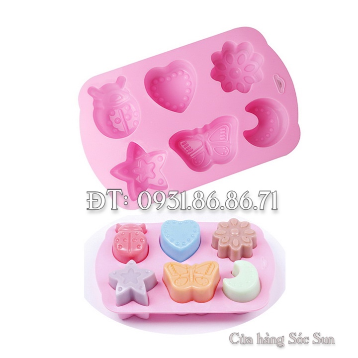 Khuôn silicon 6 hình trăng, sao, bươm bướm, cánh cam, trái tim – Mã số 1266