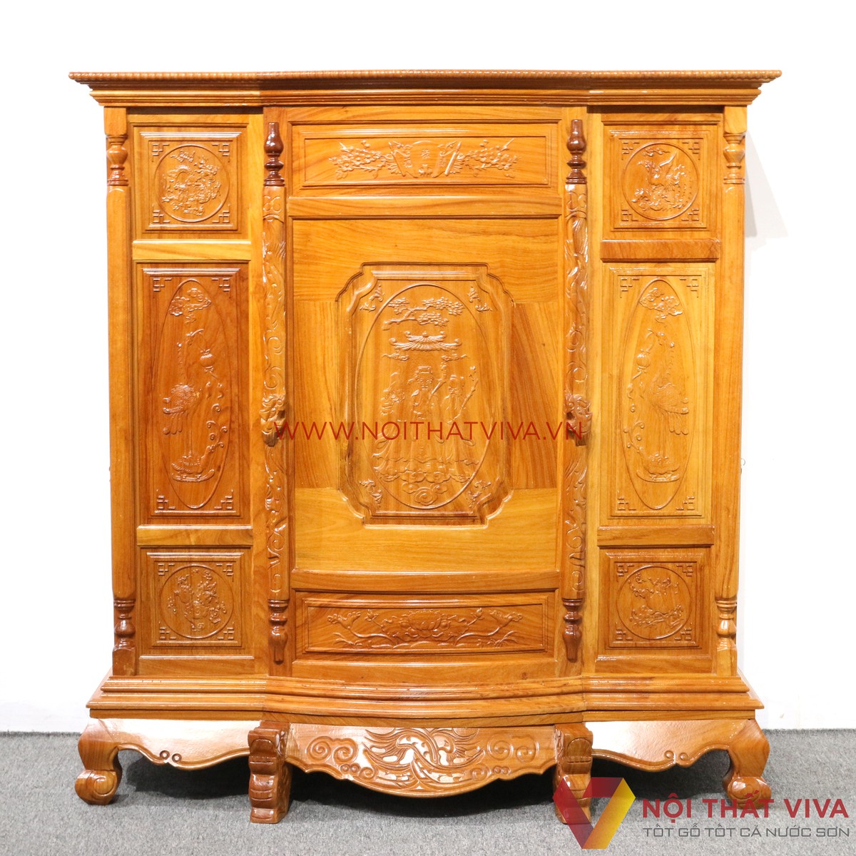 Tủ Thờ Gia Tiên Gỗ Gõ Đỏ Bụng Phệ Chạm Phúc Lộc Thọ Bền Đẹp