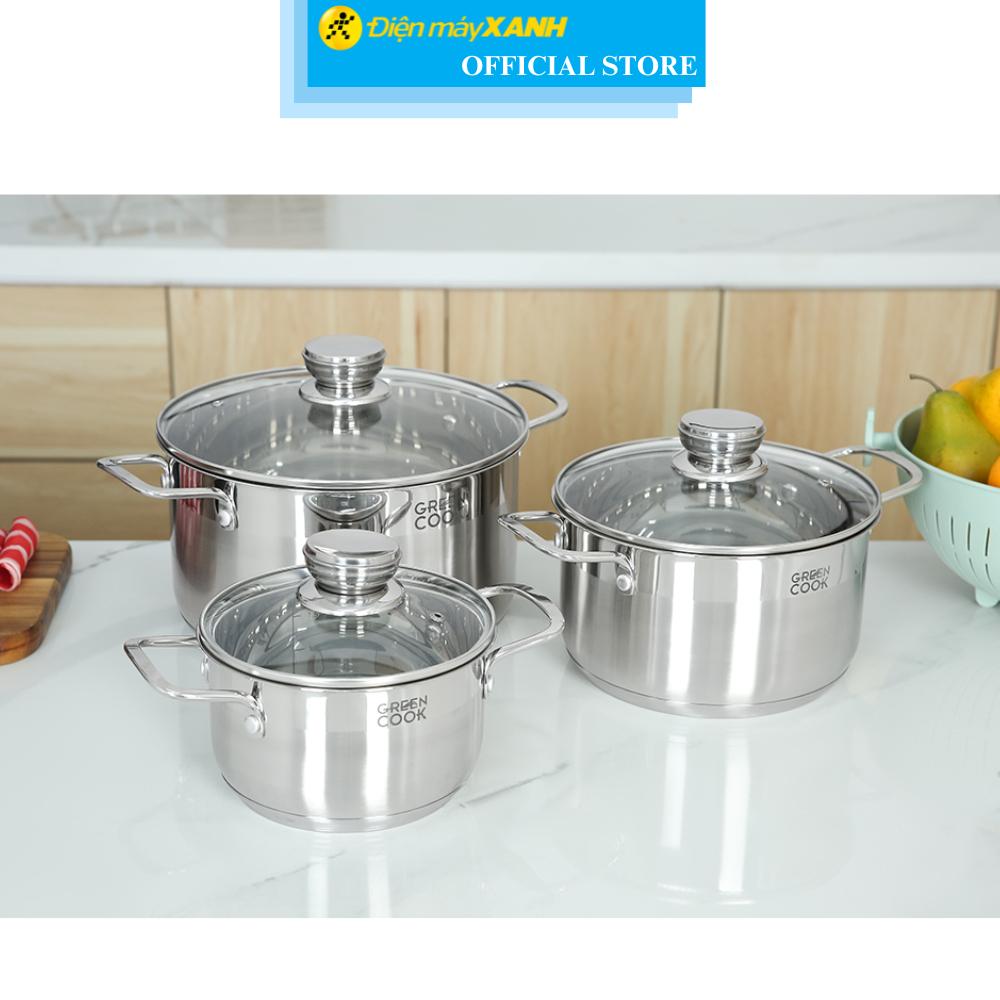 Bộ 3 nồi inox 5 đáy nắp kính Green Cook GCS232-T1 - Hàng Chính Hãng