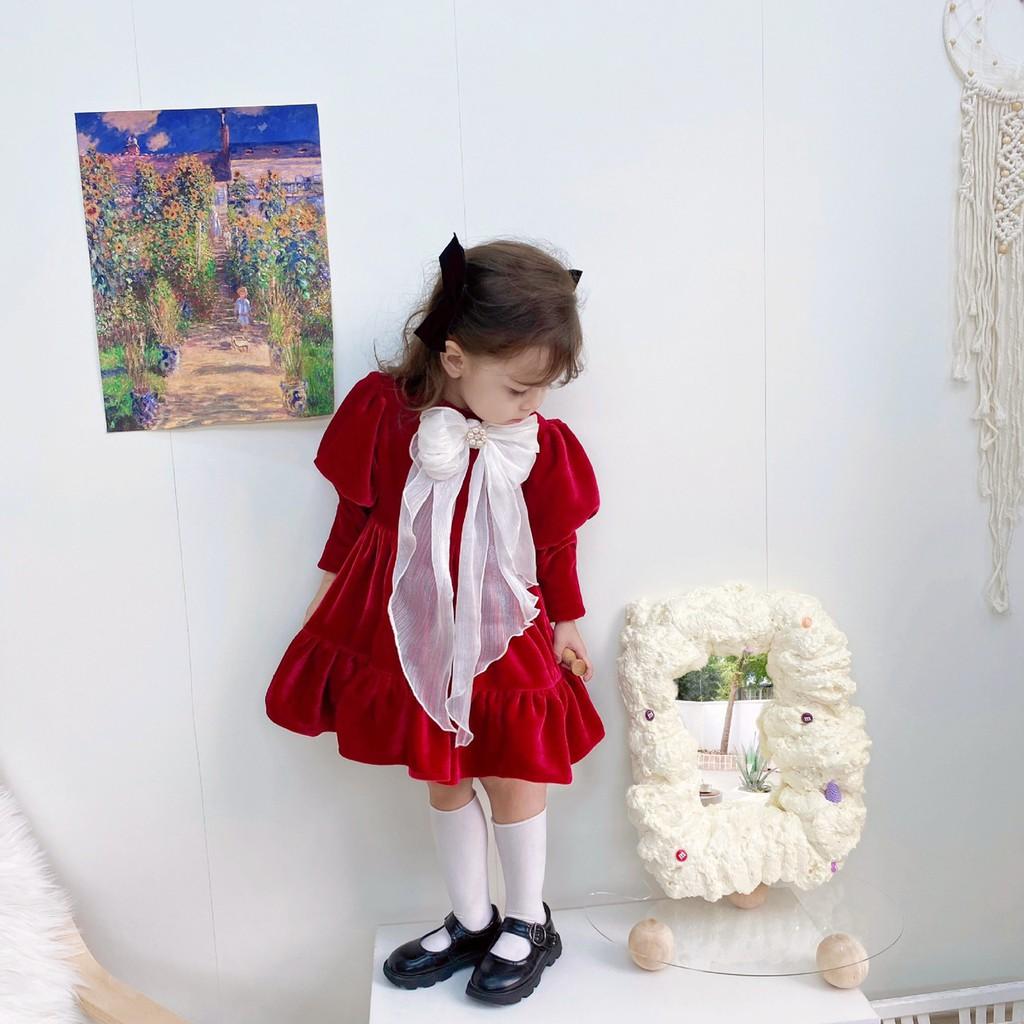 Váy nhung đỏ Cổ Nơ trắng