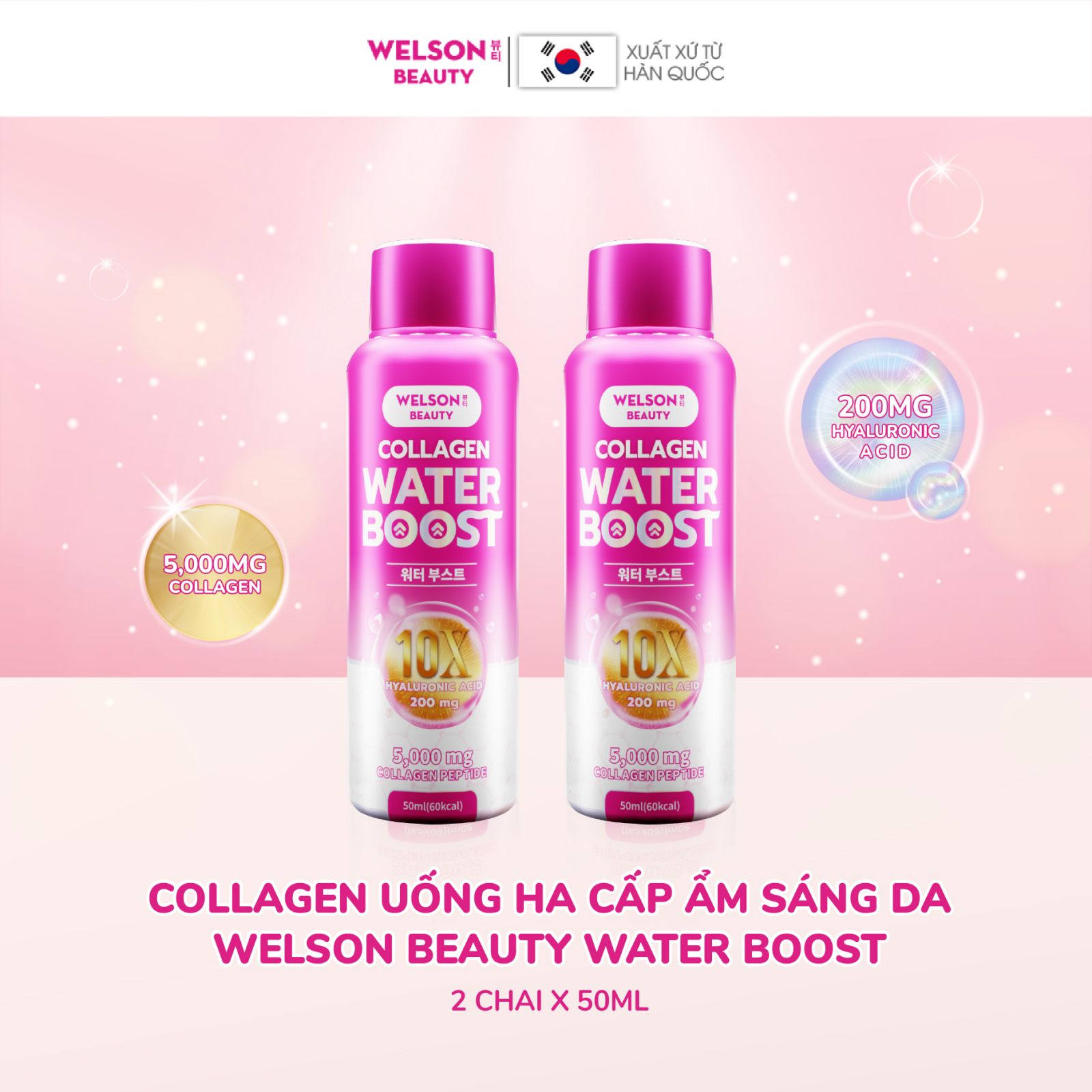 [H&B GIFTS] 2 Chai Collagen uống HA cấp ẩm sáng da Welson Beauty Water Boost 2 chai x 50ml