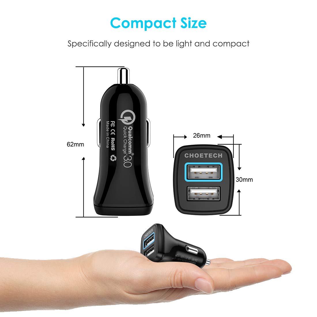 Tẩu củ sạc nhanh 30W QC Qualcomm 3.0 đa năng dành cho xe hơi ô tô 2 cổng USB hiệu CHOETECH HPK-C0051 - Hàng chính hãng
