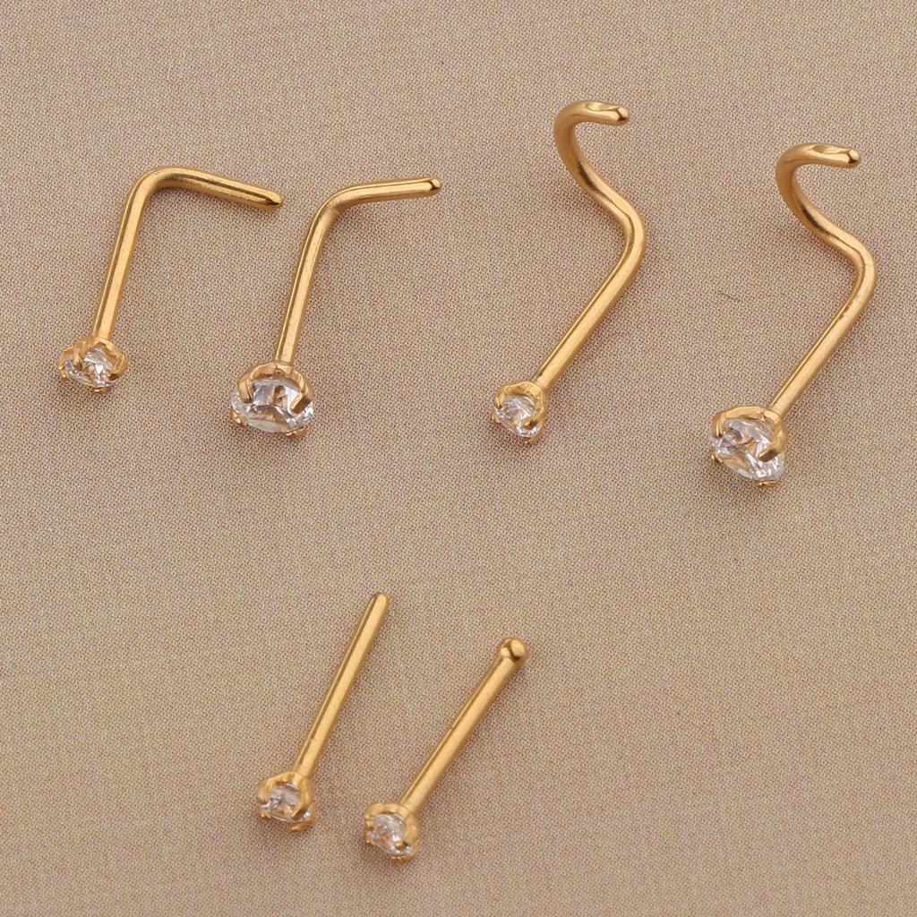 2x6 Pieces Stainless Steel Zircon Crystal Screw Curved Nose Piercing Gold