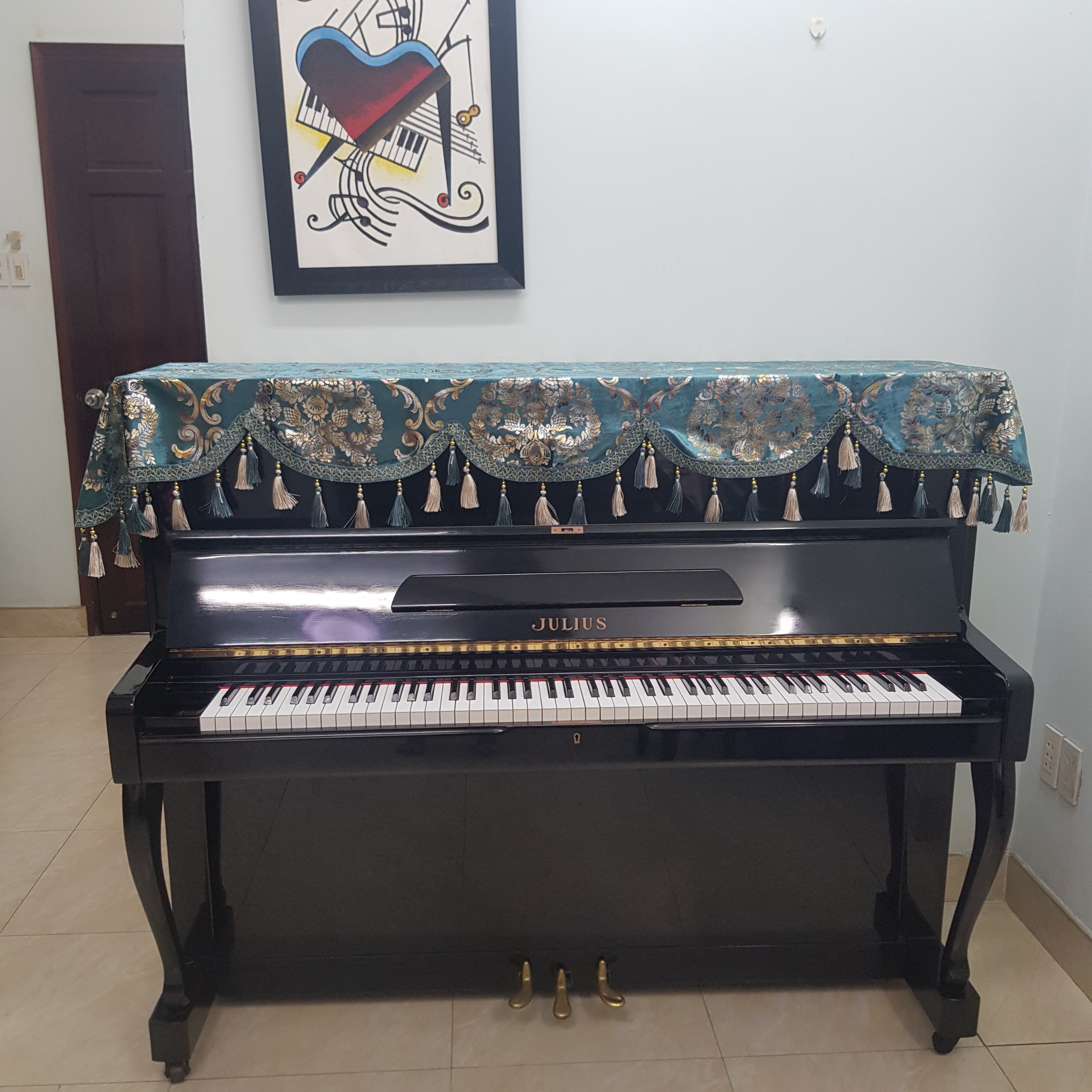 Khăn phủ đàn Piano nhung xanh họa tiêt phối hạt châu cao cấp