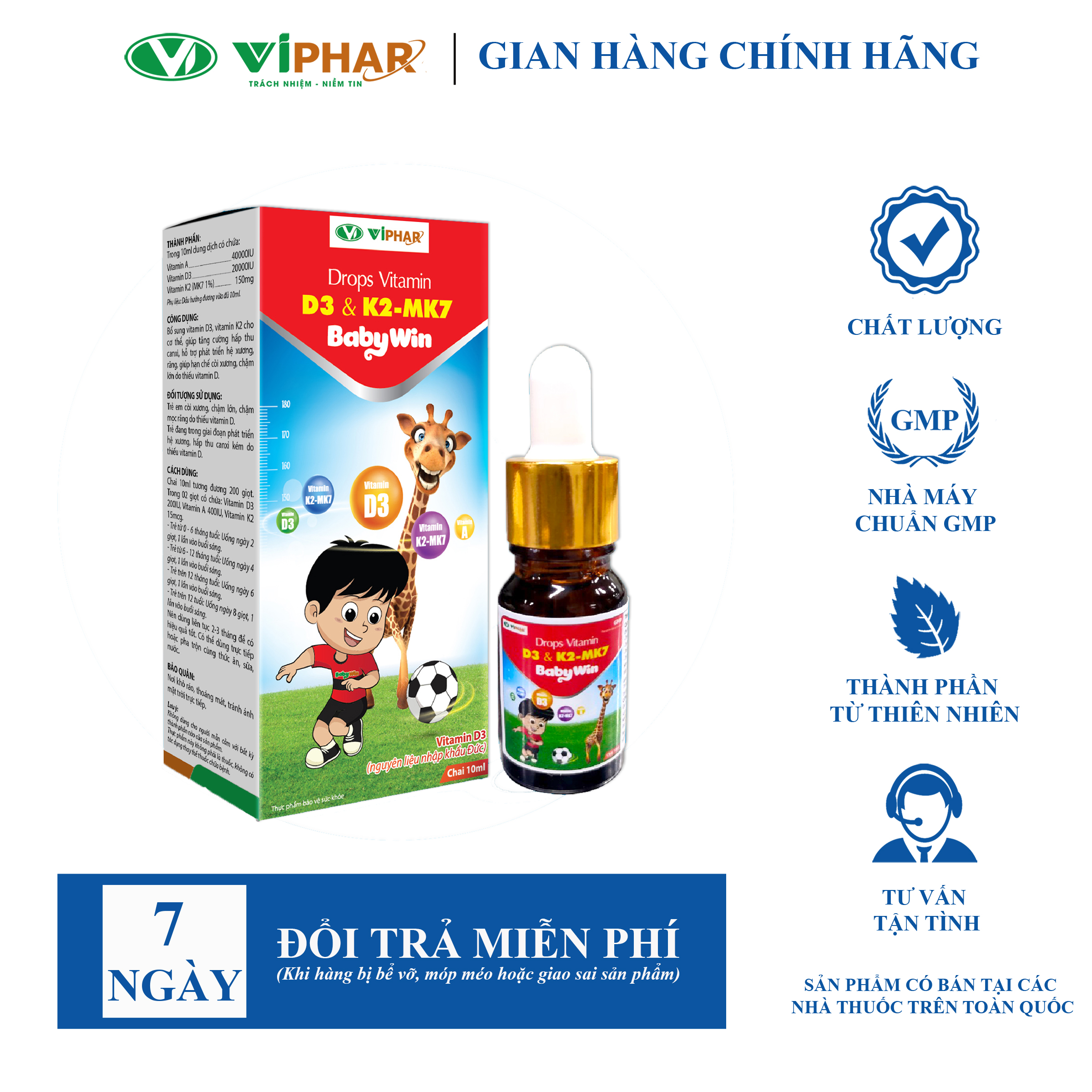 Chai Nhỏ Giọt Vitamin D3 Giúp Hấp Thu Canxi Tối Đa Cho Bé Từ 0 Tháng Tuổi Drops Vitmin D3&K2-Mk7 Babywin VIPHAR Chai 10Ml 200 Giọt