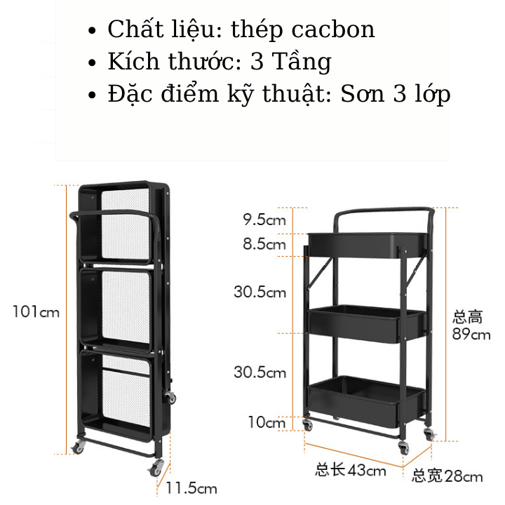 Kệ Sắt Đa Năng 3 Tầng Gấp Gọn - Xe Đẩy Đồ Tiện Lợi Không Cần Lắp Đặt - Phong Cách Hiện Đại Đa Năng