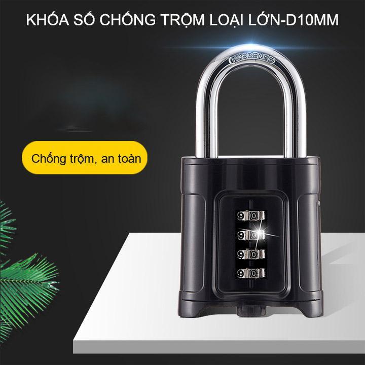 Khóa số chống trộm loại lớn D10mm, 4 mã số có thể thay đổi được, vỏ hợp kim kẽm mạ không gỉ