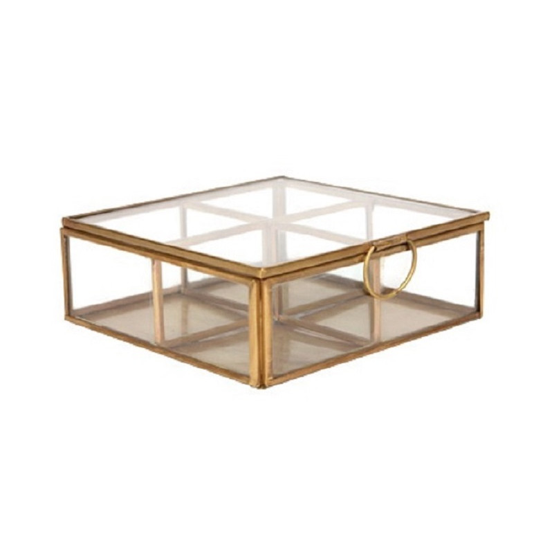 Hộp đựng đồ Monote Haran màu Gold, chất liệu đồng và thủy tinh, KT 14x14x5 cm