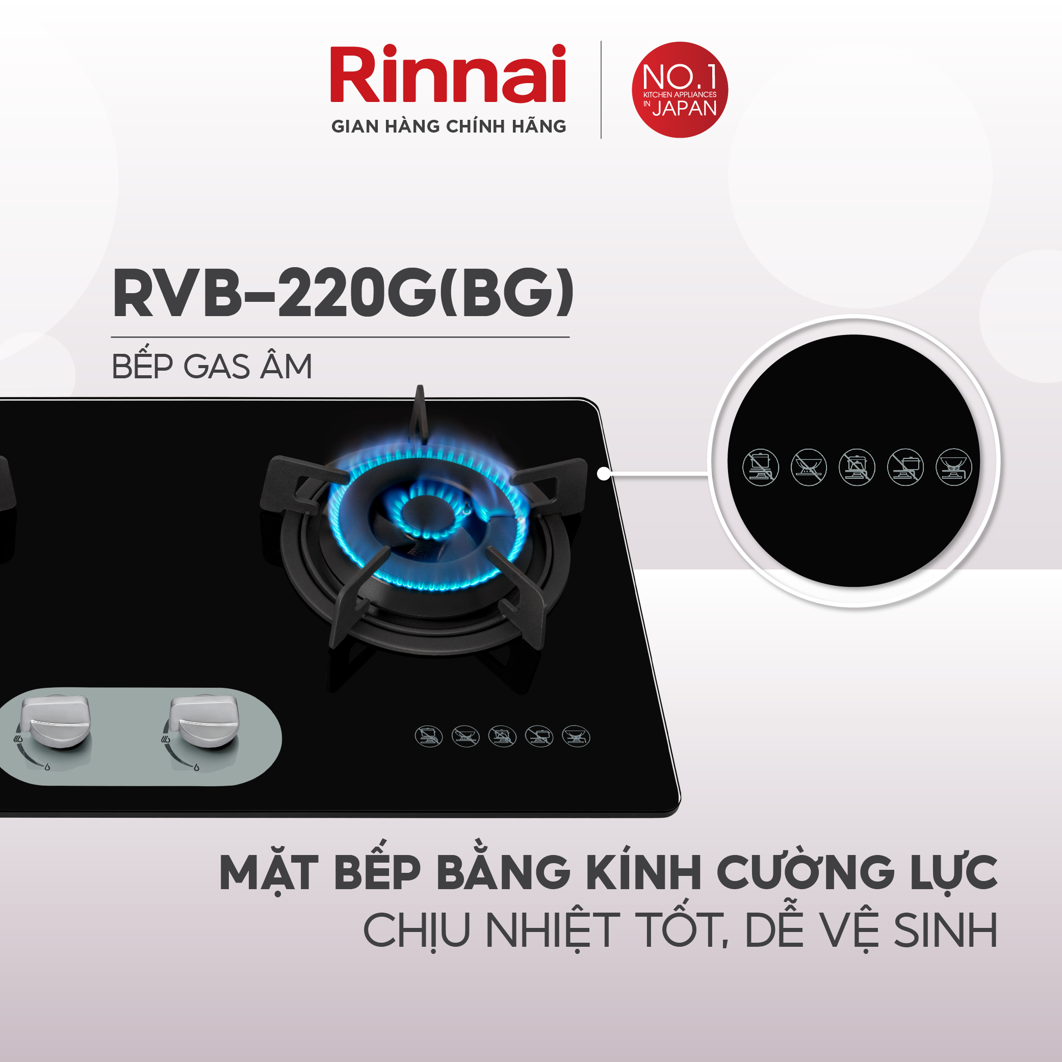 Bếp gas âm Rinnai RVB-220G mặt bếp kính kiềng bếp gang - Hàng chính hãng.