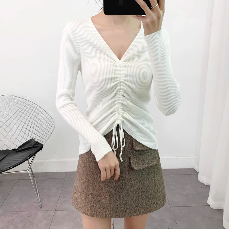 Áo len nữ trơn dài tay, cổ V dây rút croptop cách điệu xinh xắn Al35