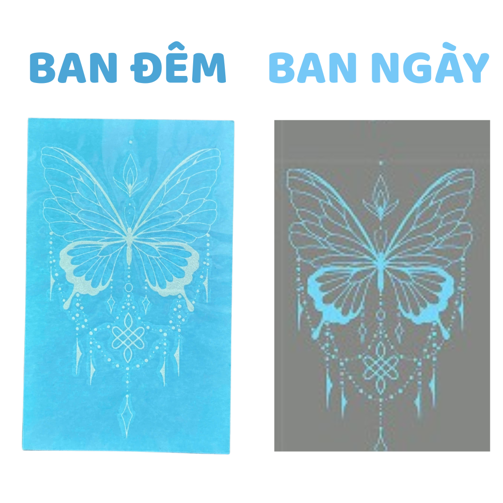 Set 20 Tờ Hình Xăm Phát Sáng Miếng Dán Tattoo Tạm Chời Hình Bướm, Trái Tim, Gấu, Mặt Cười, Hoa