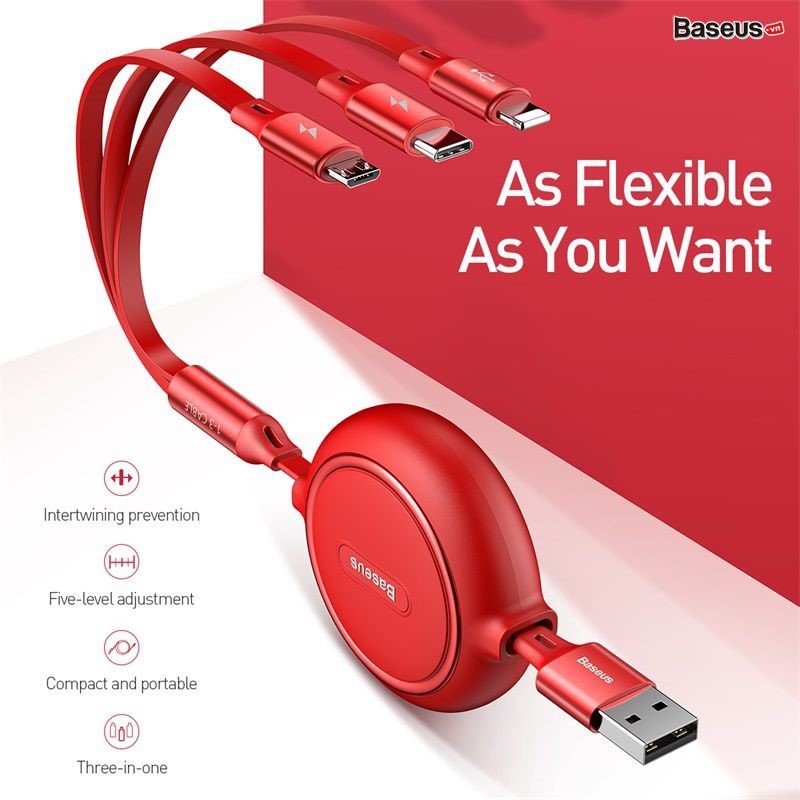 Cáp sạc dây rút 3 đầu Baseus Golden Loop 3 in 1 Elastic (3.5A, Type C/ Táo / Micro USB, Adjustable, Fast Charge Cable) hàng chính hãng