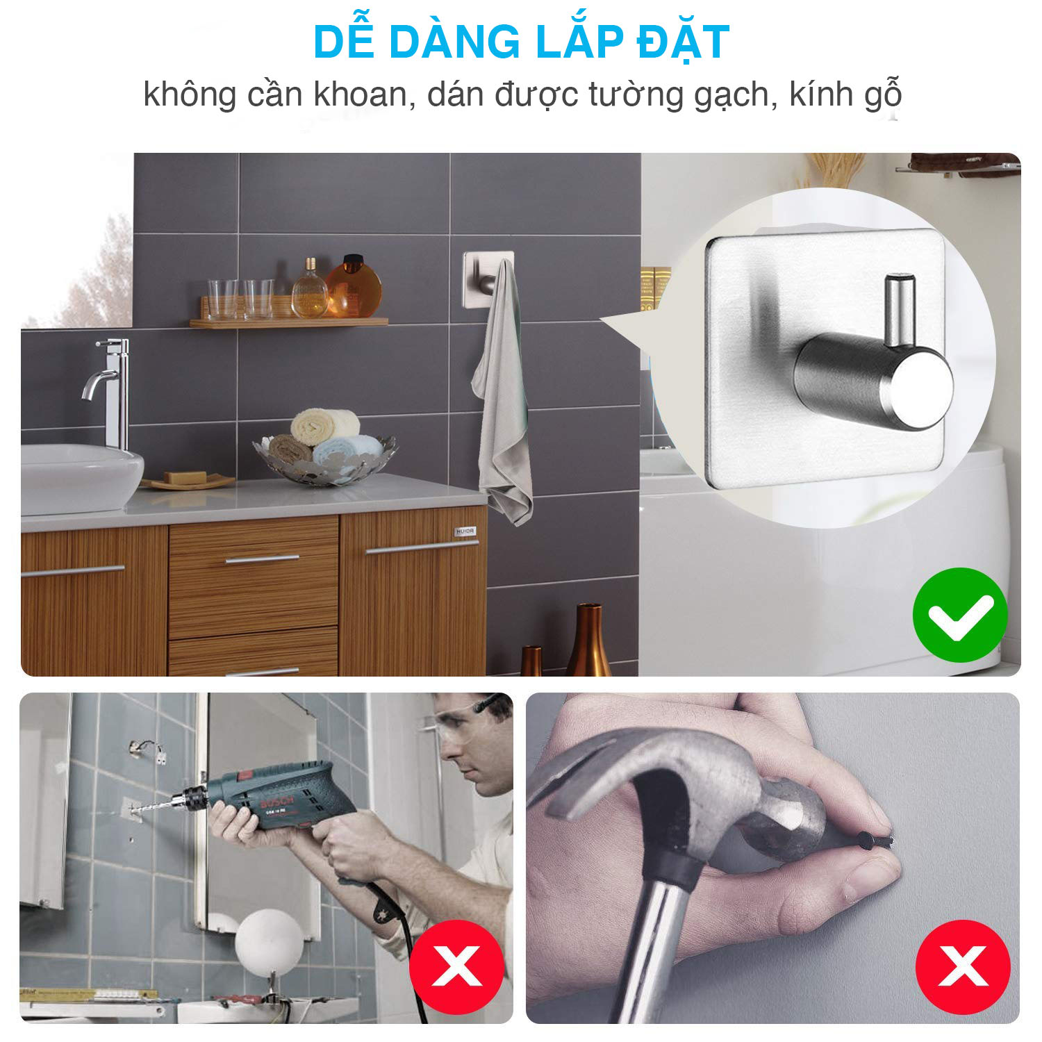 Móc dán tường treo đồ Inox 304 Latimax MD02 trụ vuông - Tặng kèm lọ keo dán chuyên dụng siêu chắc