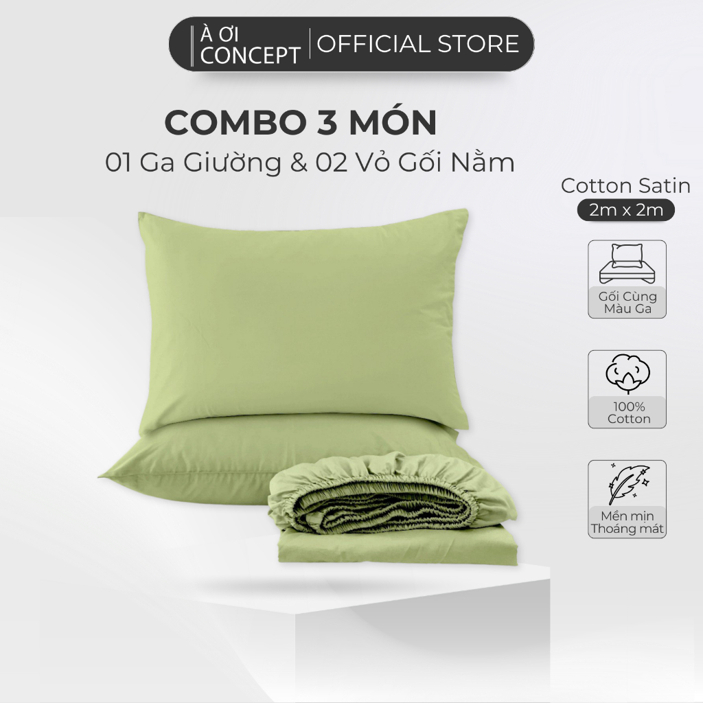 Combo 3 Món Cotton Satin Ga Giường 2m x 2m và 2 vỏ gối nằm À Ơi Concept cao cấp Hàn Quốc nhiều màu