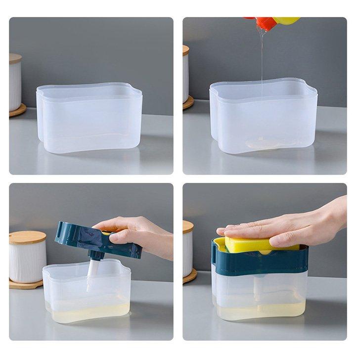 Hộp bơm dầu rửa chén bát, Hộp đựng nước rửa chén thông mình có kèm mút rửa chén 380 ml, tiện lợi, thông minh
