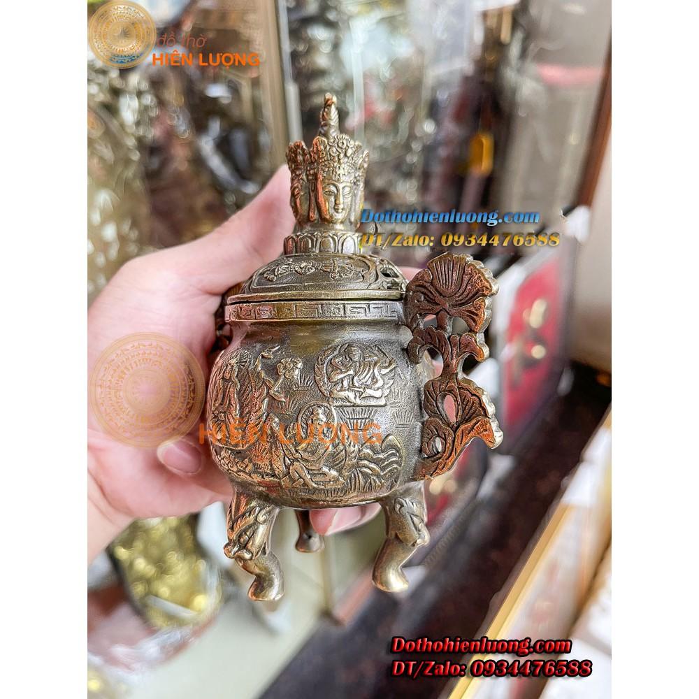 Lư Xông Trầm Màu Nâu Nắp Phật Tứ Diện Cao 15cm Bằng Đồng Hun nguyên Chất