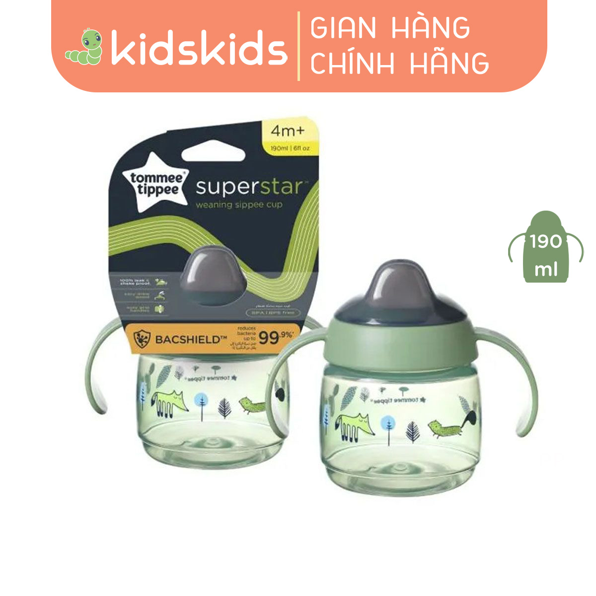 Bình tập uống nước có vòi mút kháng khuẩn chống tràn, chống sặc Tommee Tippee SuperStar, 190ml, cho bé từ 4 tháng – Xanh lá